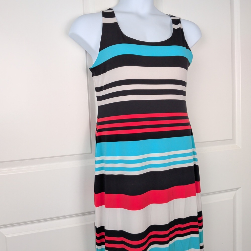 Womens Beachy Striped Sleeveless Maxi Dress Black‎ Blue Coral Size Medium